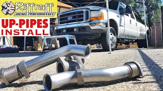 2001 F350 73  RiffRaff UpPipes Install  Stock up pipes leaking and falling apart JUNK SP [upl. by Mehetabel]