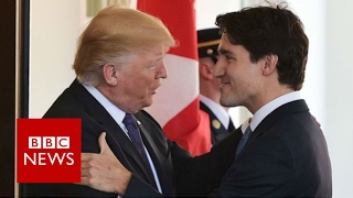 TrumpTrudeau handshake close up  BBC News [upl. by Nimref]