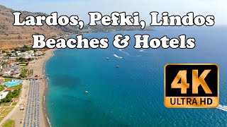 Lardos Lindos Pefki beaches and hotels from Drone in 4K Rhodes Greece [upl. by Ahkeber]