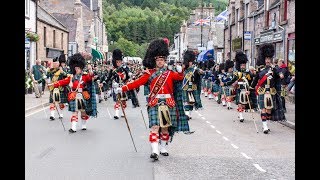 Massed Pipes amp Drums parade through Deeside town to start the Ballater Highland Games 2018 [upl. by Aggappora]