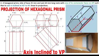 Projection of Solids Hexagonal Prism  Axis inclined to VP  Rectangular Face on HP [upl. by Lytsirk]